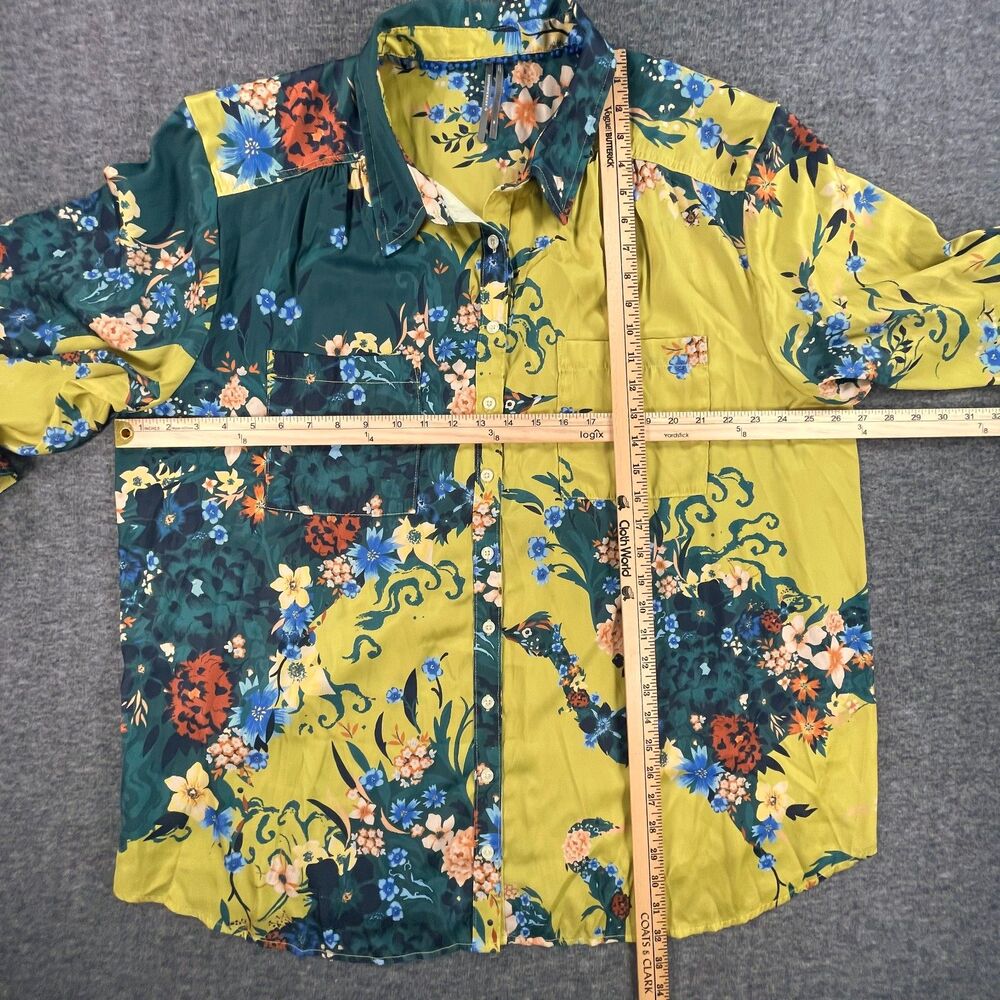 Anthropologie Floral Patchwork Blouse 3X Yellow Green Colorblock Button Shirt - Picture 7 of 12